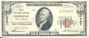 1929 $10.00. Mobridge, SD Ty. 1. F.