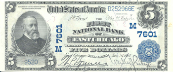 1902 $5.00. East Chicago, IN Blue Seal. XF.