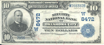 1902 $10.00. Oklahoma City, OK Date Back Blue Seal. XF.