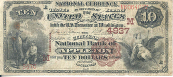 1882 $10.00. Appleton, WI Brown Back. F.