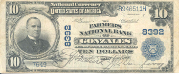 1902 $10.00. Gonzales, TX Blue Seal. F.