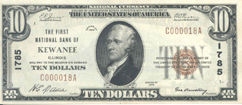 1929 $10.00. Kewanee, IL Ty. 1. AU.