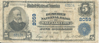 1902 $5.00. Salt Lake City, UT Blue Seal. VG.