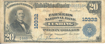 1902 $20.00. Cushing, OK Blue Seal. F.