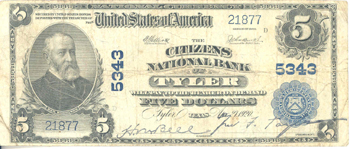 1902 $5.00. Tyler, TX Blue Seal. F.