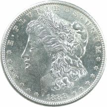 Two Morgan Silver Dollars.  AU-58.