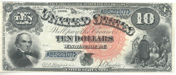 1880 $10.00.  Large Seal Blue Numbers. XF.