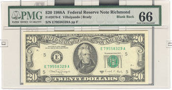 1988-A $20 Federal Reserve Note Richmond.  Blank Back.  PMG GemCU-66.