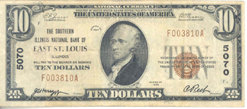 1929 $10.00. East St. Louis, IL Ty. 1. F.