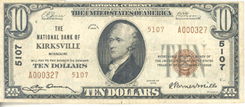 1929 $10.00. Kirkville, MO Ty. 2. F.