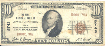 1929 $10.00. Jewell Junction, IA Ty. 1. F.