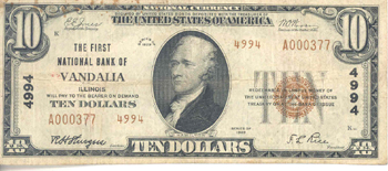 1929 $10.00. Vandalia, IL Ty. 2. F.