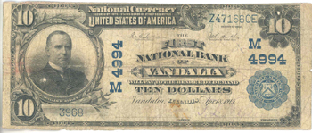 1902 $10.00. Vandalia, IL Blue Seal. VG.