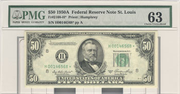 1950-A $50.00 St. Louis Star.  PMG CU-63.