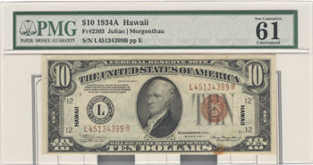 1934-A Hawaii $10.00 San Francisco.  PMG CU-61.