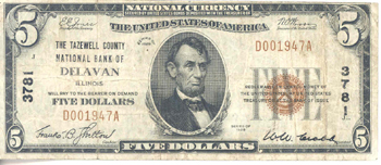 1929 $5.00. Delavan, IL Ty. 1. F.