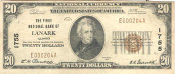 1929 $20.00. Lanark, IL Ty. 1. VF.