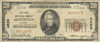 1929 $20.00. Monticello, IL Ty. 1. F.