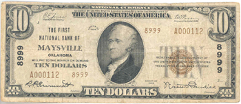 1929 $10.00. Maysville, OK Ty. 2. F.