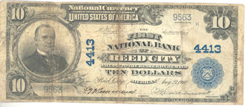 1902 $10.00. Reed City, Michigan Blue Seal. VG.