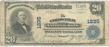 1902 $20.00. Coldwater, MI Blue Seal. Good.