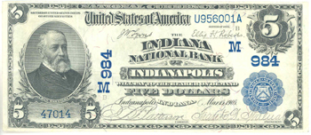 1902 $5.00. Indianapolis, IN Date Back Blue Seal. VF.