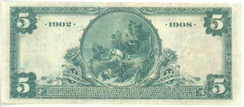 1902 $5.00. Indianapolis, IN Date Back Blue Seal. VF.