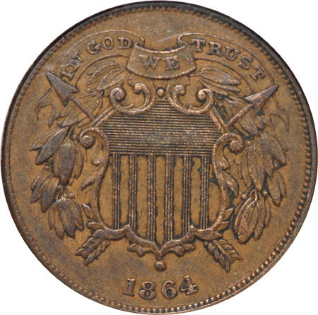 1864 Small Motto. NGC AU-53 BN.