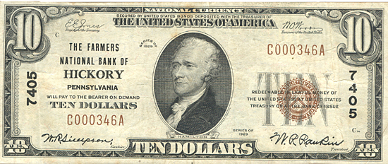 1929 $10.00. Hickory, PA Ty. 1. VF.