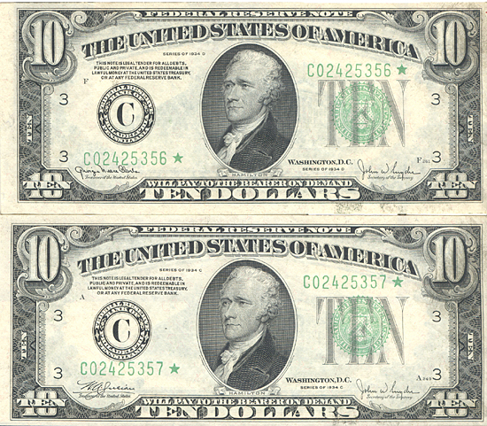 Two Sequential 1934-D $10.00 Philadelphia Star Notes. CHCU.