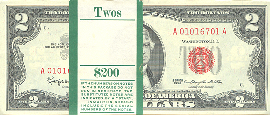 Pack of 1963 $2.00 Legal Tender Notes. CHCU.