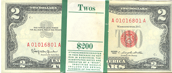 Pack of 1963 $2.00 Legal Tender Notes. CHCU.