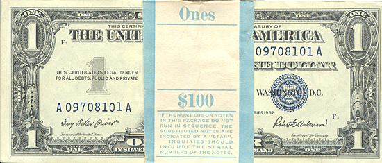 Pack of 1957 $1.00 Silver Certificates. CHCU.