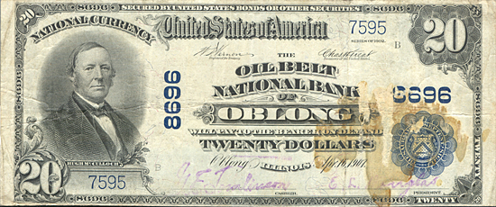 1902 $20.00. Oblong, IL Blue Seal. VG.