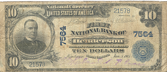 1902 $10.00. Henderson, NC Blue Seal. F.