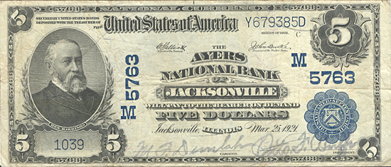 1902 $5.00. Jacksonville, IL Blue Seal. VF.