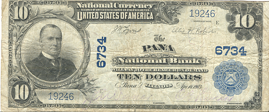 1902 $10.00. Pana, IL Blue Seal. F.