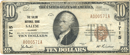 1929 $10.00. Salem, IL Ty. 1. F.