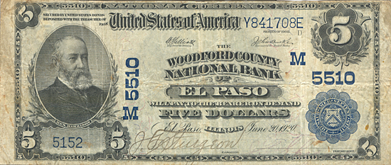 1902 $5.00. El Paso, IL Blue Seal. F.