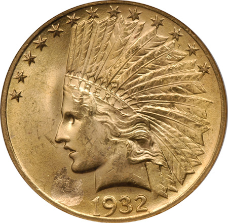 1932 OBVERSE LAMINATION, MINT ERROR. NGC MS-63.