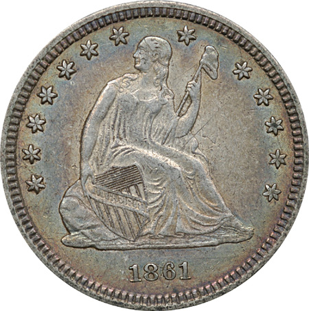 Three Seated Liberty Quarters.