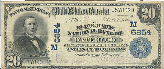1902 $20.00. Waterloo, IA Blue Seal. F.