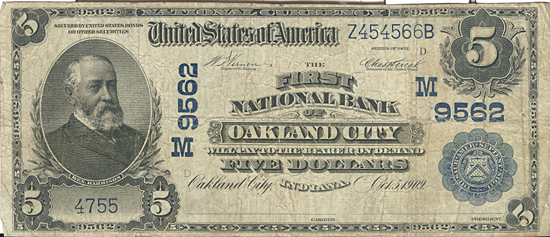 1902 $5.00. Oakland City, IA Blue Seal. F.