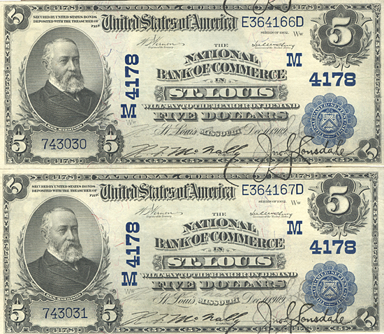 Two Sequential 1902 $5.00. Saint Louis, MO Blue Seal. AU.