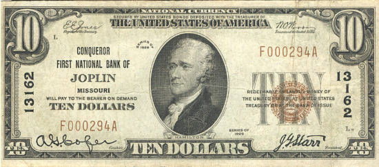 1929 $10.00. Joplin, MO Ty. 1. F.