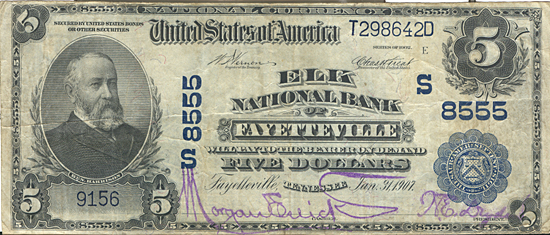 1902 $5.00. Fayetteville, TN Blue Seal. F.