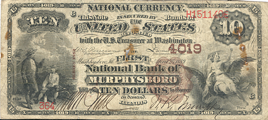 1882 $10.00. Murphysboro, IL Brown Back. VG.