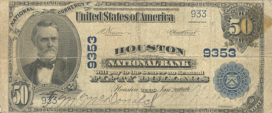 1902 $50.00. Houston, TX Blue Seal. VG.