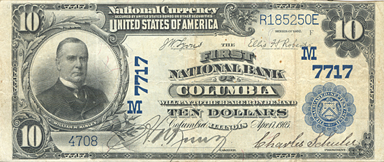 1902 $10.00. Columbia, IL Blue Seal. VF.
