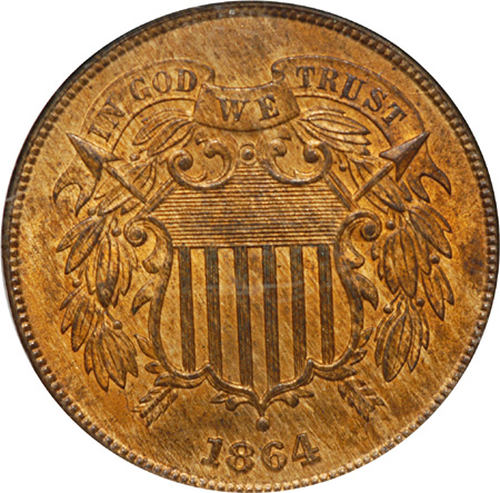 1864 Large Motto. NGC MS-64 RB.